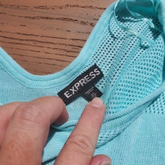 Express Aqua Blue Sweater Dolman Sleeve V Neck Open Knit Stripe Preppy Casual XS - Picture 3 of 7